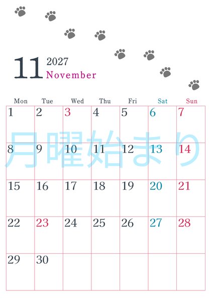 0126-2027年11月カレンダー 縦型・月曜始まり