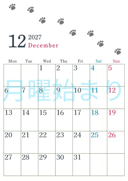 0126-2027年12月カレンダー 縦型・月曜始まり