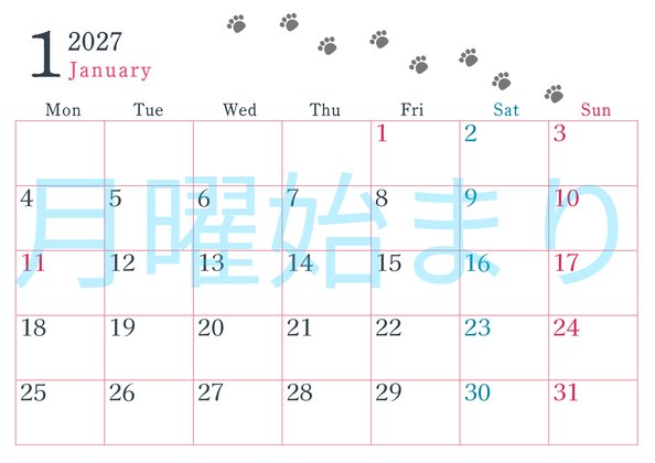 0126-2027年1月カレンダー 横型・月曜始まり
