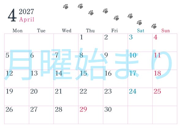 0126-2027年4月カレンダー 横型・月曜始まり