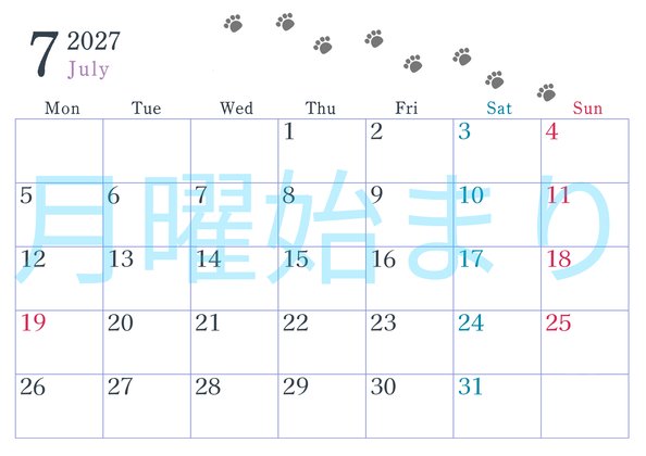 0126-2027年7月カレンダー 横型・月曜始まり