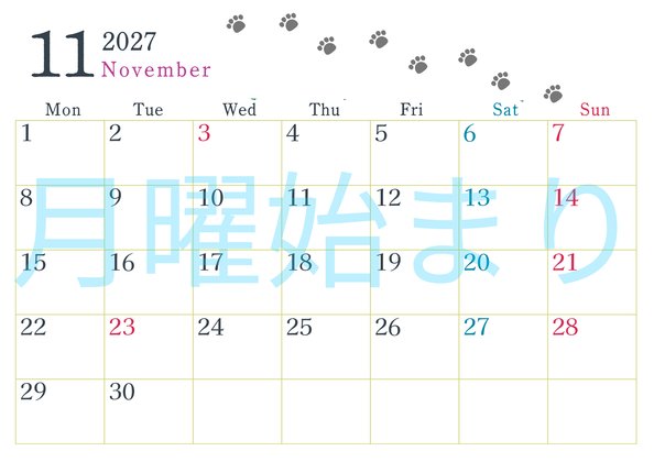 0126-2027年11月カレンダー 横型・月曜始まり