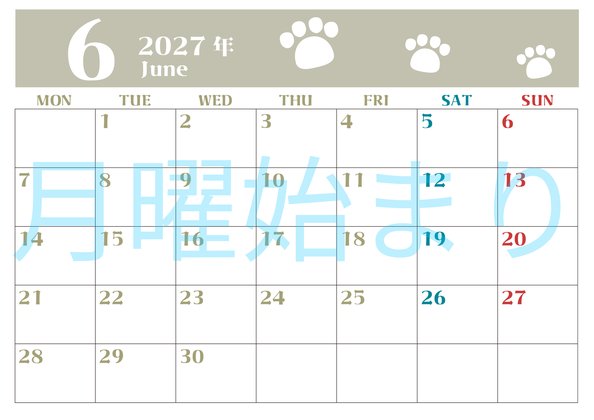 0127-2027年6月カレンダー 横型・月曜始まり