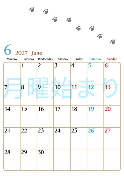 0128-2027年6月カレンダー 縦型・月曜始まり