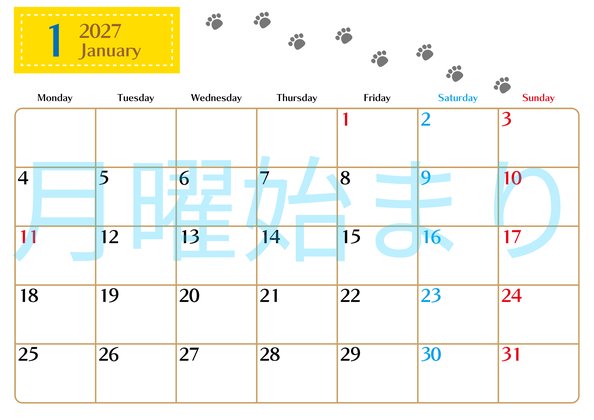 0128-2027年1月カレンダー 横型・月曜始まり