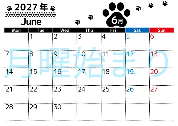 0129-2027年6月カレンダー 横型・月曜始まり