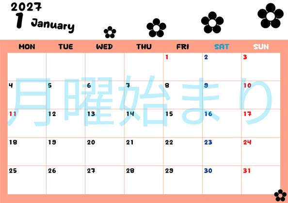 0130-2027年1月カレンダー 横型・月曜始まり