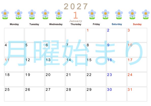 0131-2027年1月カレンダー 横型・月曜始まり