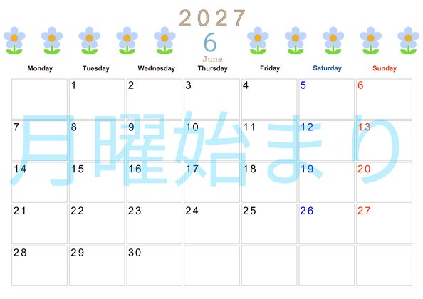 0131-2027年6月カレンダー 横型・月曜始まり