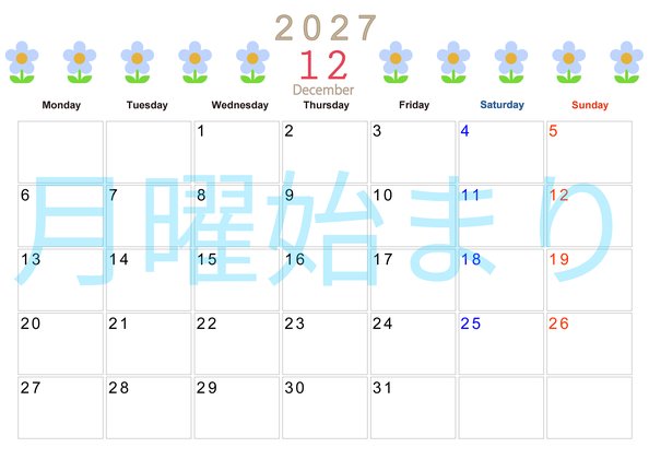 0131-2027年12月カレンダー 横型・月曜始まり