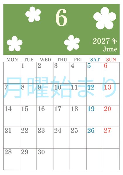 0132-2027年6月カレンダー 縦型・月曜始まり
