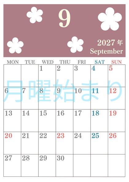 0132-2027年9月カレンダー 縦型・月曜始まり