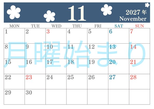 0132-2027年11月カレンダー 横型・月曜始まり