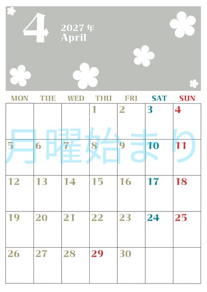 0133-2027年4月カレンダー 縦型・月曜始まり