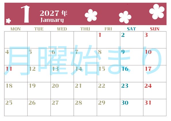 0133-2027年1月カレンダー 横型・月曜始まり
