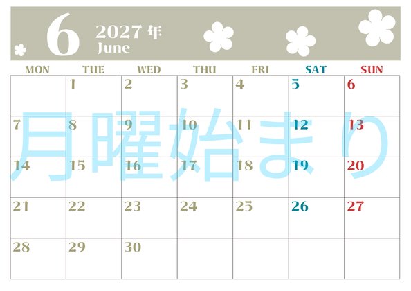 0133-2027年6月カレンダー 横型・月曜始まり