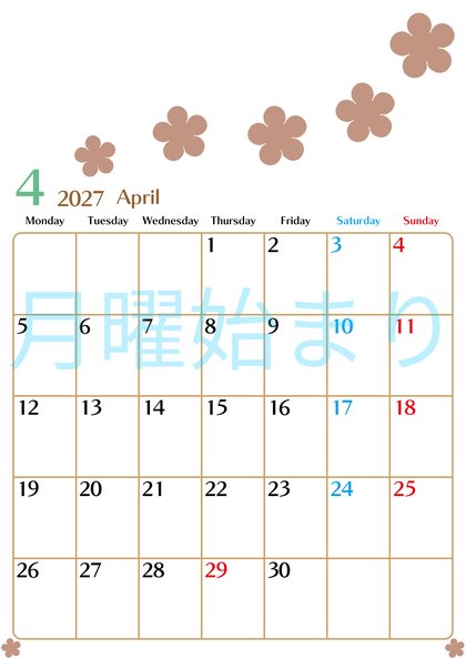 0134-2027年4月カレンダー 縦型・月曜始まり