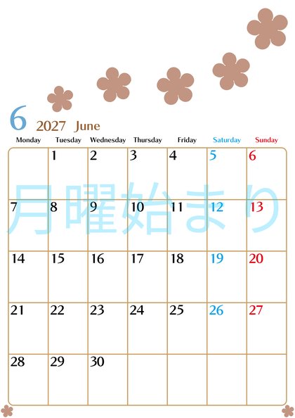 0134-2027年6月カレンダー 縦型・月曜始まり