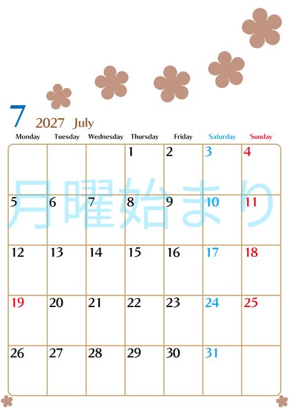 0134-2027年7月カレンダー 縦型・月曜始まり