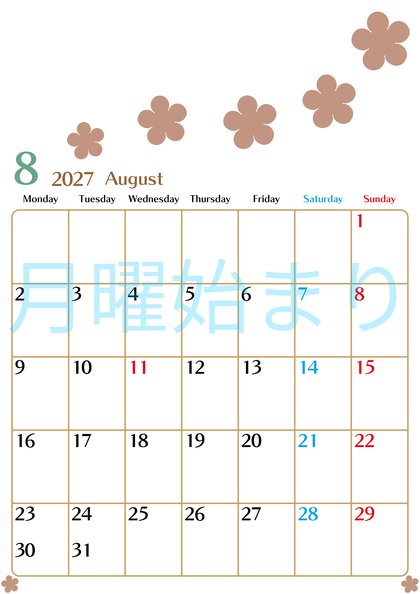 0134-2027年8月カレンダー 縦型・月曜始まり