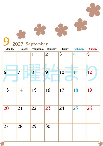 0134-2027年9月カレンダー 縦型・月曜始まり