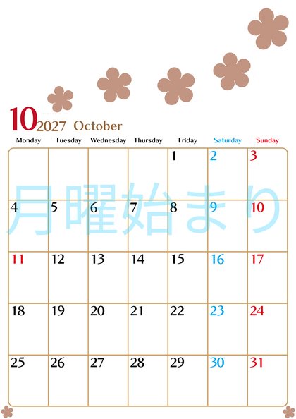 0134-2027年10月カレンダー 縦型・月曜始まり