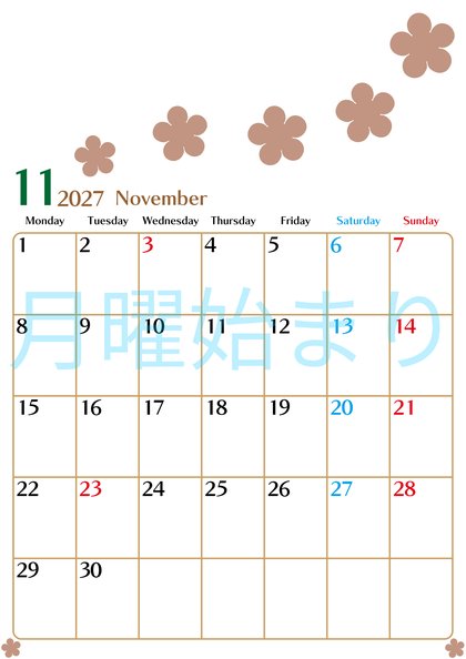 0134-2027年11月カレンダー 縦型・月曜始まり