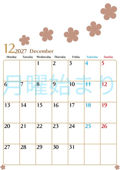 0134-2027年12月カレンダー 縦型・月曜始まり