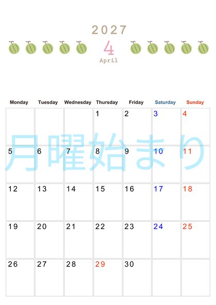 0135-2027年4月カレンダー 縦型・月曜始まり