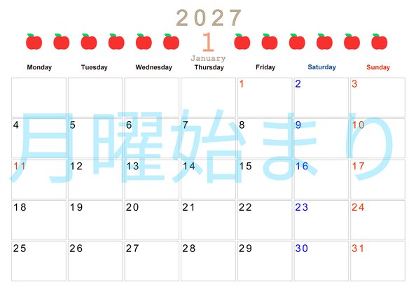 0135-2027年1月カレンダー 横型・月曜始まり