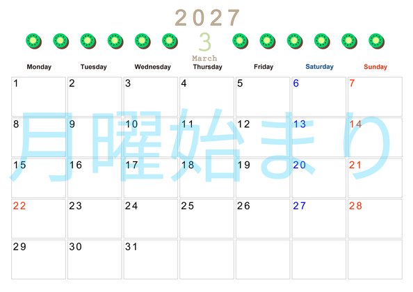 0135-2027年3月カレンダー 横型・月曜始まり