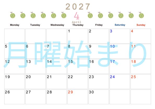 0135-2027年4月カレンダー 横型・月曜始まり