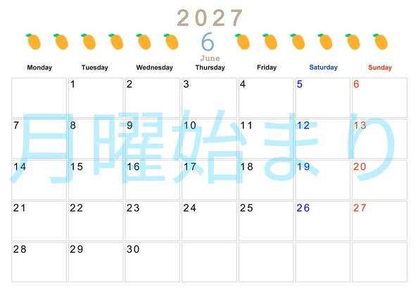 0135-2027年6月カレンダー 横型・月曜始まり
