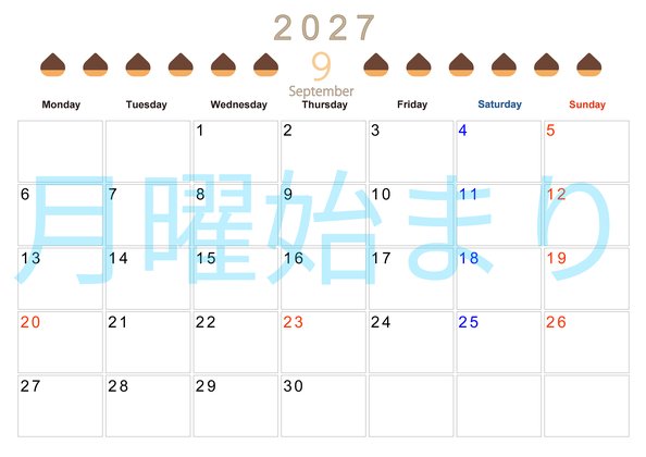 0135-2027年9月カレンダー 横型・月曜始まり
