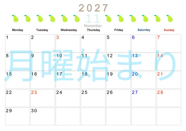 0135-2027年11月カレンダー 横型・月曜始まり