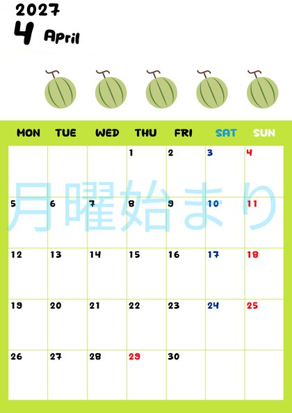 0136-2027年4月カレンダー 縦型・月曜始まり