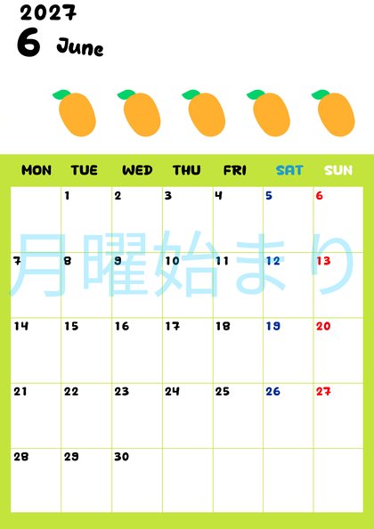 0136-2027年6月カレンダー 縦型・月曜始まり