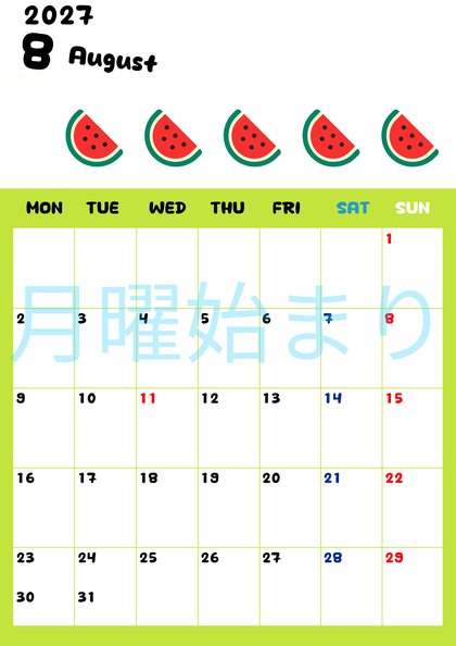 0136-2027年8月カレンダー 縦型・月曜始まり