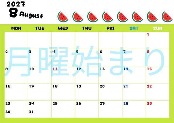 0136-2027年8月カレンダー 横型・月曜始まり