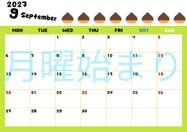0136-2027年9月カレンダー 横型・月曜始まり