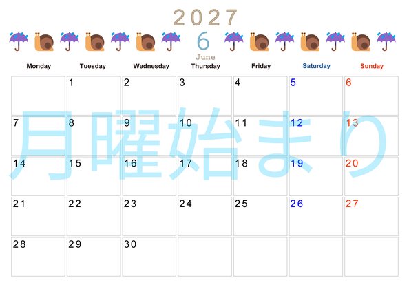 0137-2027年6月カレンダー 横型・月曜始まり