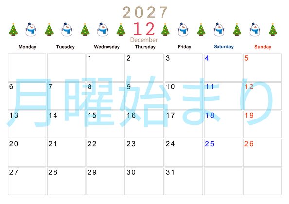 0137-2027年12月カレンダー 横型・月曜始まり