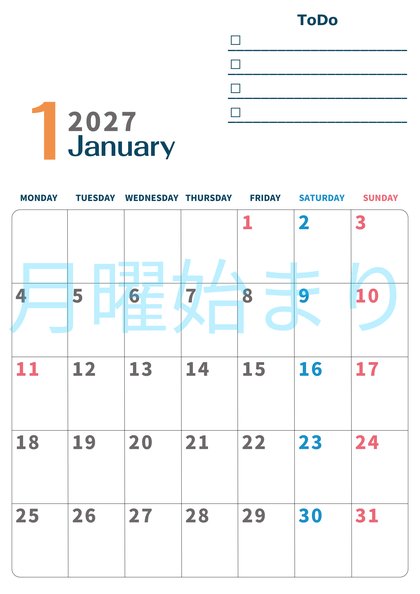 0139-2027年1月カレンダー 縦型・月曜始まり