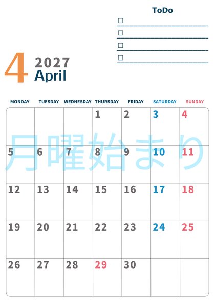 0139-2027年4月カレンダー 縦型・月曜始まり