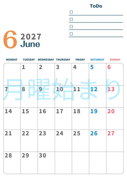 0139-2027年6月カレンダー 縦型・月曜始まり
