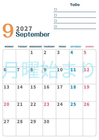 0139-2027年9月カレンダー 縦型・月曜始まり