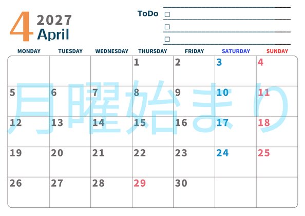 0139-2027年4月カレンダー 横型・月曜始まり