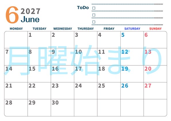 0139-2027年6月カレンダー 横型・月曜始まり