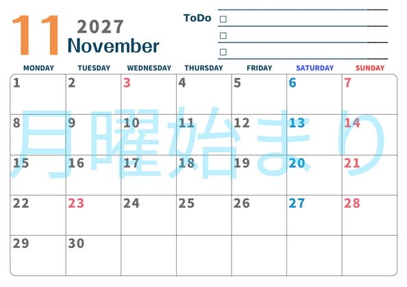 0139-2027年11月カレンダー 横型・月曜始まり