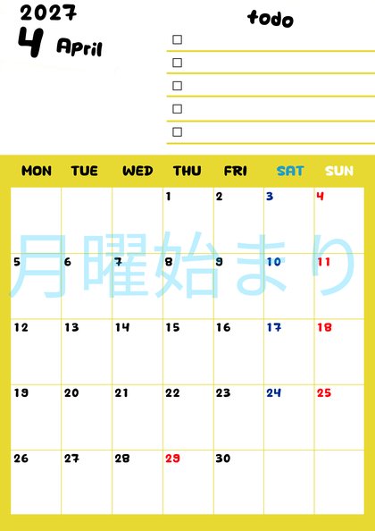 0140-2027年4月カレンダー 縦型・月曜始まり